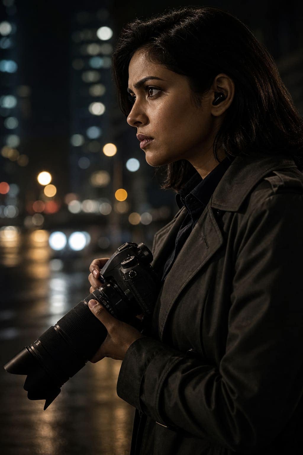 R1 female field detective with camera and earpiece